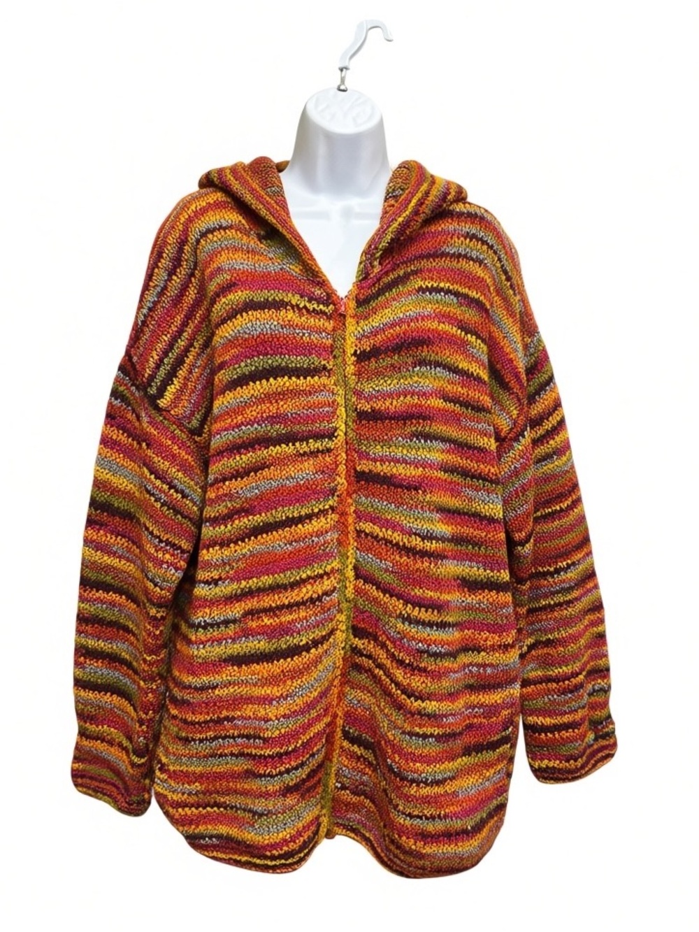 Vintage World Folk Art Wool Hooded Zip Multicolor Cardigan Sweater 1X